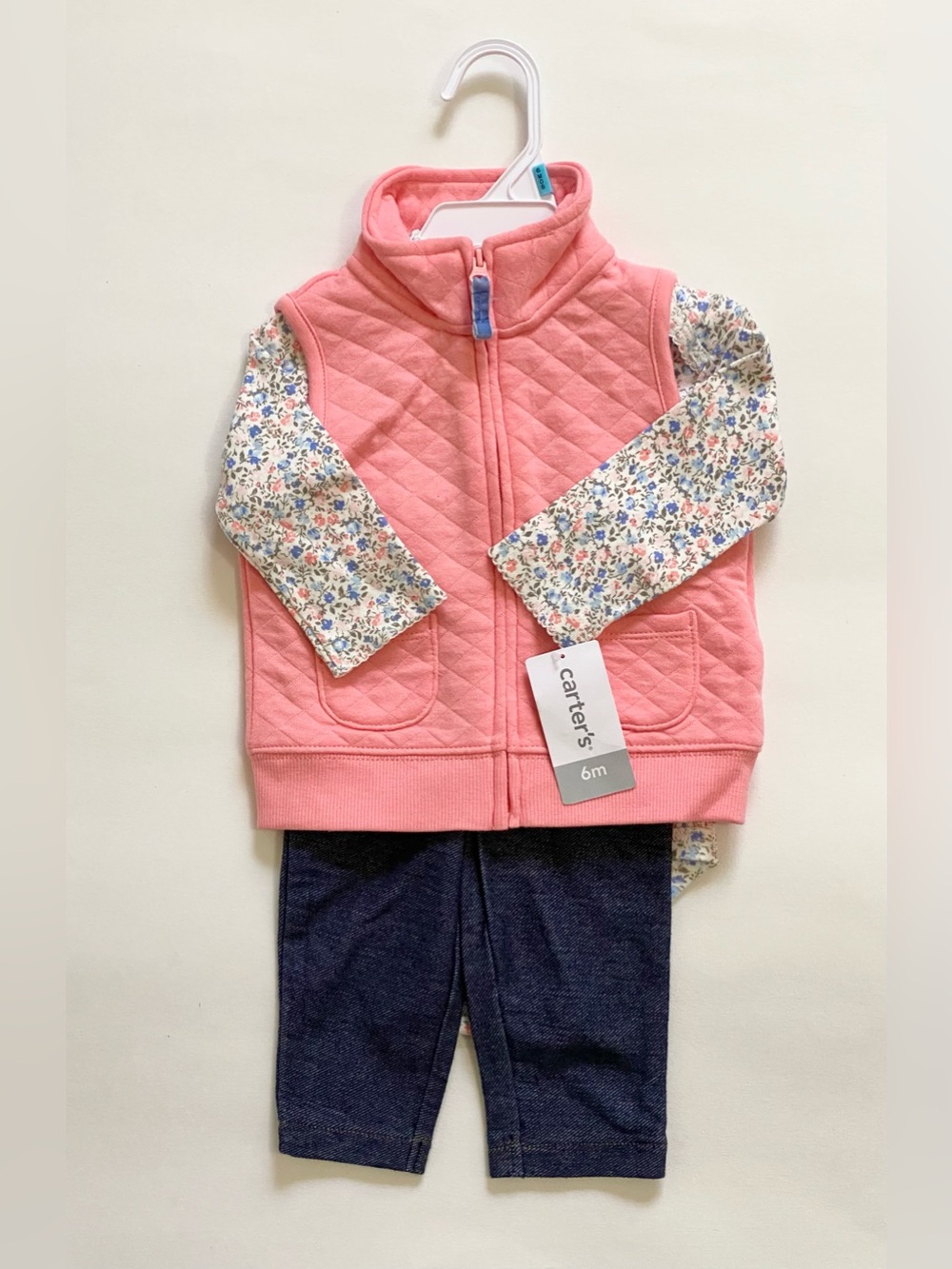 Carter's Pink Quilted Vest Outfit with Floral Top & Navy Leggings